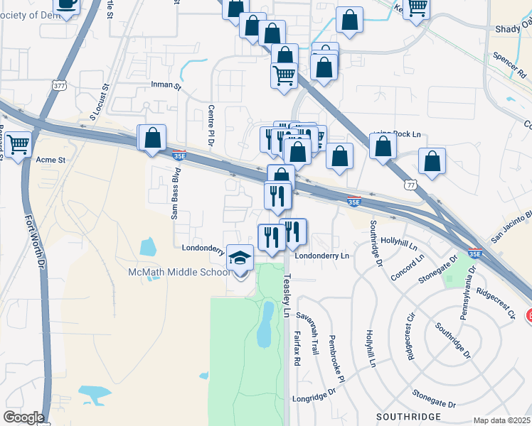 map of restaurants, bars, coffee shops, grocery stores, and more near 1776 Teasley Lane in Denton