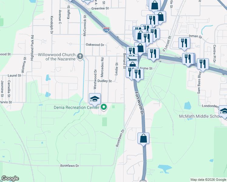 map of restaurants, bars, coffee shops, grocery stores, and more near 2309 Leslie Street in Denton
