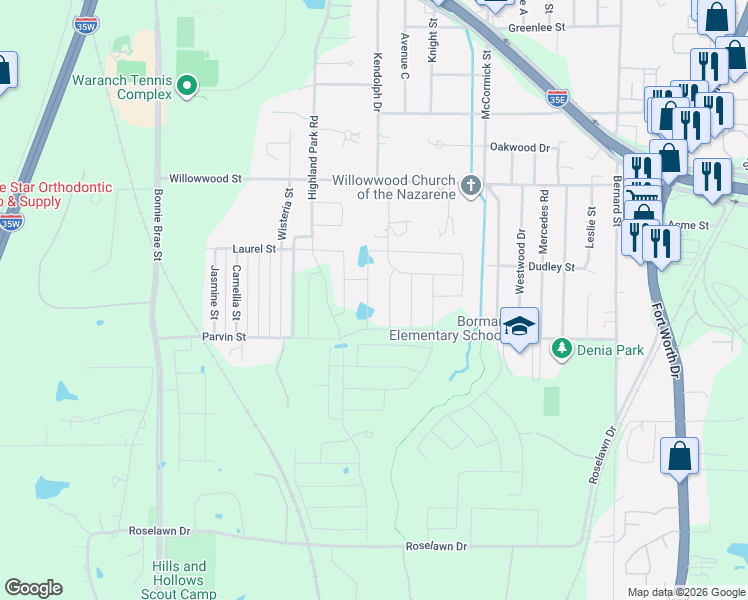 map of restaurants, bars, coffee shops, grocery stores, and more near 2026 Kendolph Drive in Denton