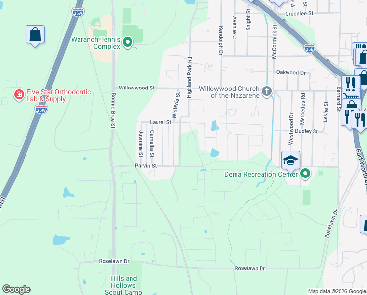 map of restaurants, bars, coffee shops, grocery stores, and more near 2115 Highland Park Road in Denton