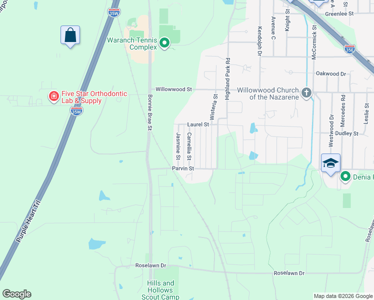 map of restaurants, bars, coffee shops, grocery stores, and more near 2101 Camellia Street in Denton