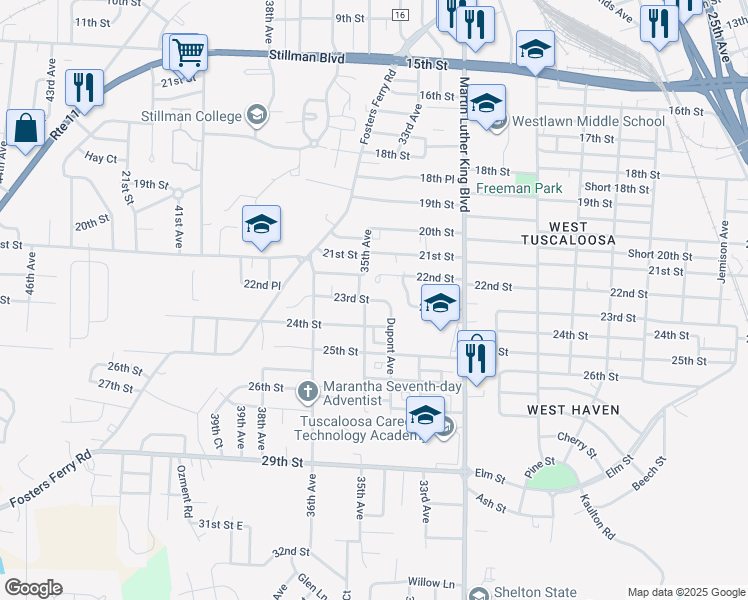 map of restaurants, bars, coffee shops, grocery stores, and more near 3357 23rd Street in Tuscaloosa
