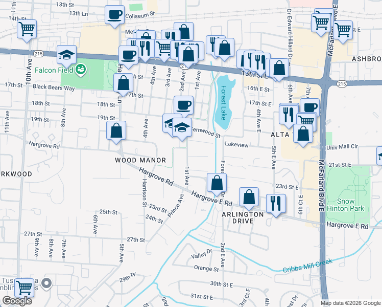 map of restaurants, bars, coffee shops, grocery stores, and more near 2025 1st Avenue in Tuscaloosa