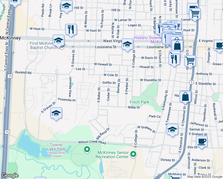 map of restaurants, bars, coffee shops, grocery stores, and more near 1006 West Pine Street in McKinney