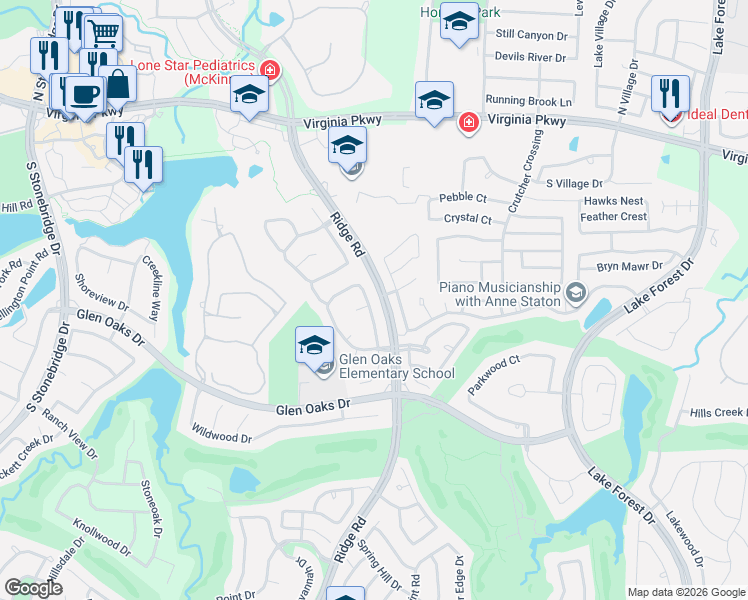 map of restaurants, bars, coffee shops, grocery stores, and more near 801 Autumn Ridge Drive in McKinney