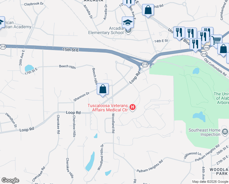 map of restaurants, bars, coffee shops, grocery stores, and more near 3601-3699 Loop Road in Tuscaloosa