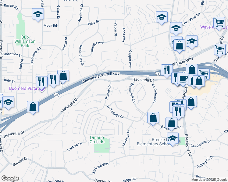 map of restaurants, bars, coffee shops, grocery stores, and more near 320 Pomelo Drive in Vista
