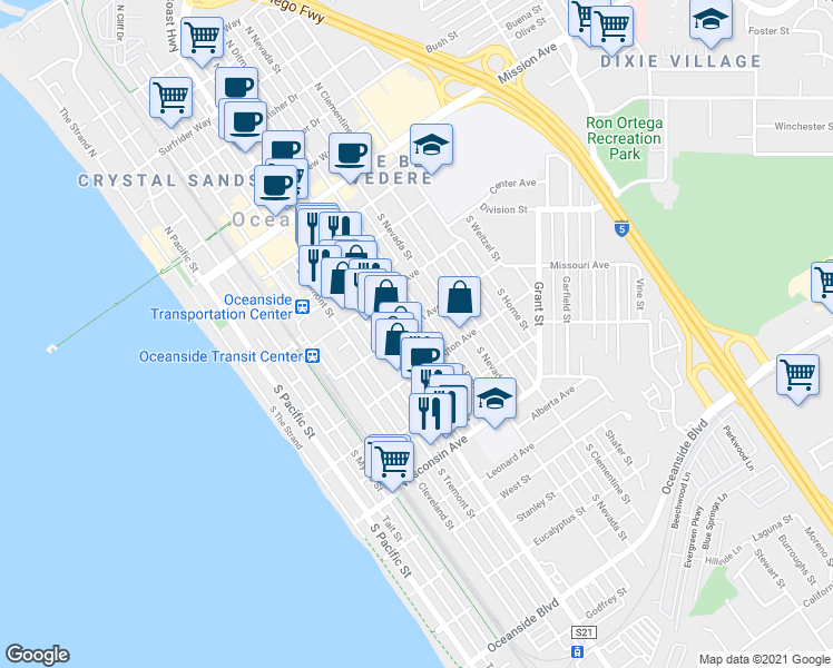 map of restaurants, bars, coffee shops, grocery stores, and more near 408 South Freeman Street in Oceanside