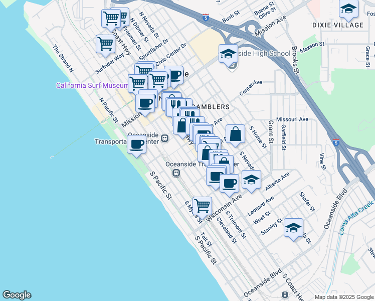 map of restaurants, bars, coffee shops, grocery stores, and more near 321 South Coast Highway in Oceanside