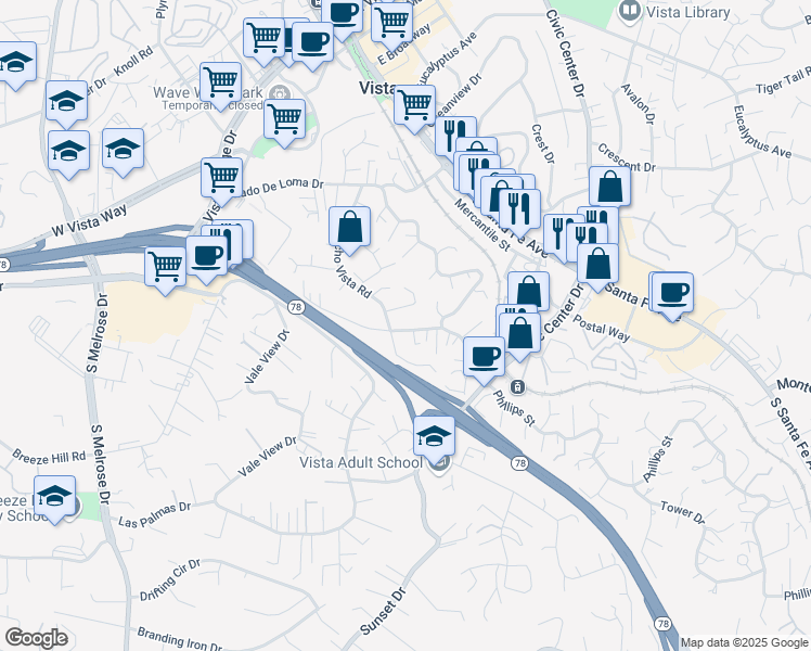 map of restaurants, bars, coffee shops, grocery stores, and more near 341 Bandini Place in Vista