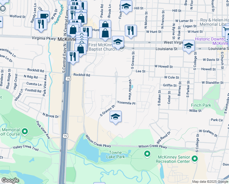 map of restaurants, bars, coffee shops, grocery stores, and more near 600 South Graves Street in McKinney