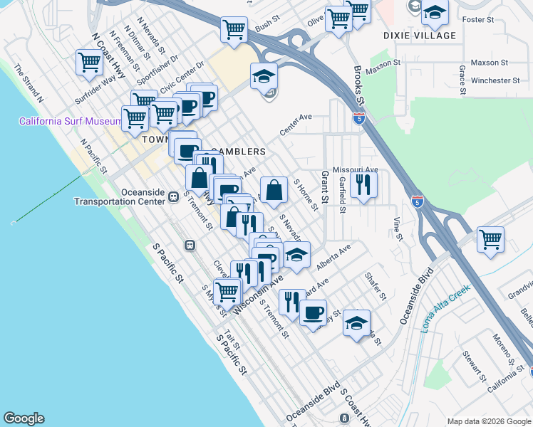 map of restaurants, bars, coffee shops, grocery stores, and more near 422 South Ditmar Street in Oceanside