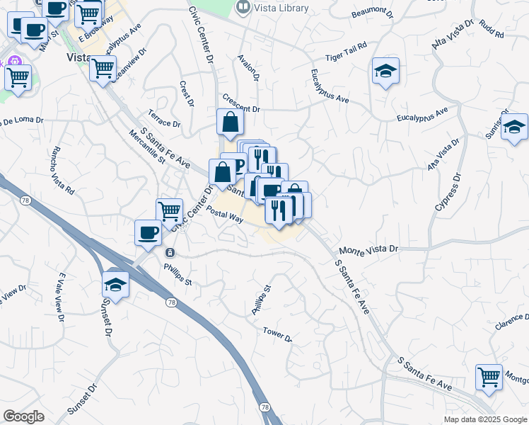 map of restaurants, bars, coffee shops, grocery stores, and more near 993 South Santa Fe Avenue in Vista