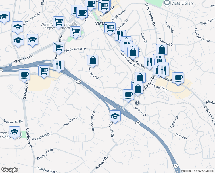 map of restaurants, bars, coffee shops, grocery stores, and more near 341 Bandini Place in Vista