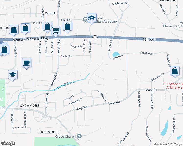 map of restaurants, bars, coffee shops, grocery stores, and more near 1940 25th Way E in Tuscaloosa