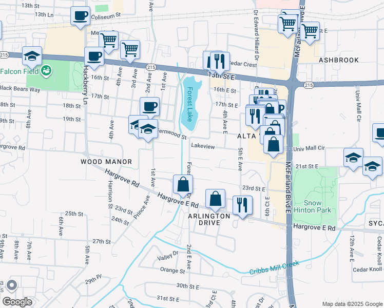 map of restaurants, bars, coffee shops, grocery stores, and more near 1 Forest Lake Drive in Tuscaloosa