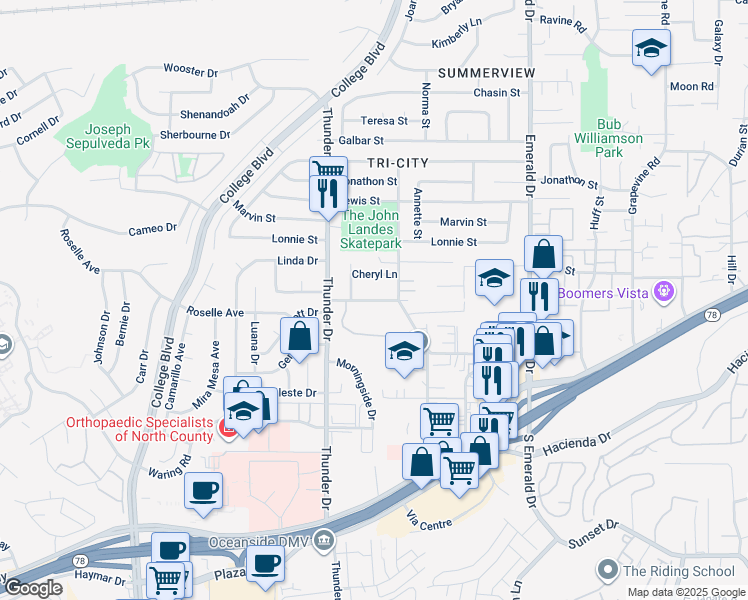 map of restaurants, bars, coffee shops, grocery stores, and more near 20001 Westwood Road in Vista