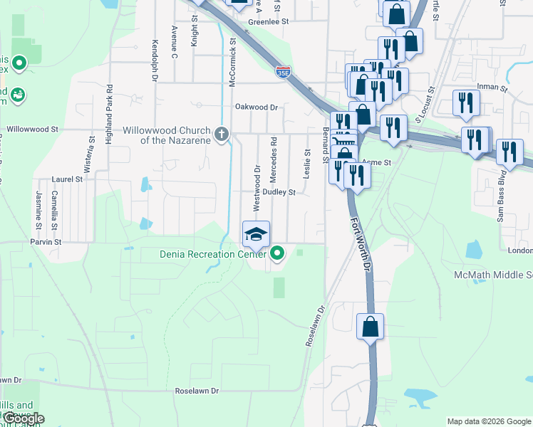 map of restaurants, bars, coffee shops, grocery stores, and more near 2308 Westwood Drive in Denton