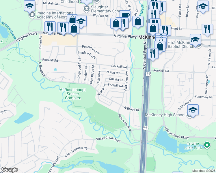 map of restaurants, bars, coffee shops, grocery stores, and more near 2334 Brookview Drive in McKinney