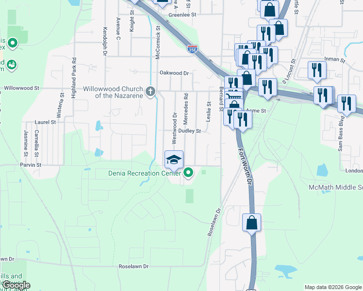 map of restaurants, bars, coffee shops, grocery stores, and more near 2308 Westwood Drive in Denton