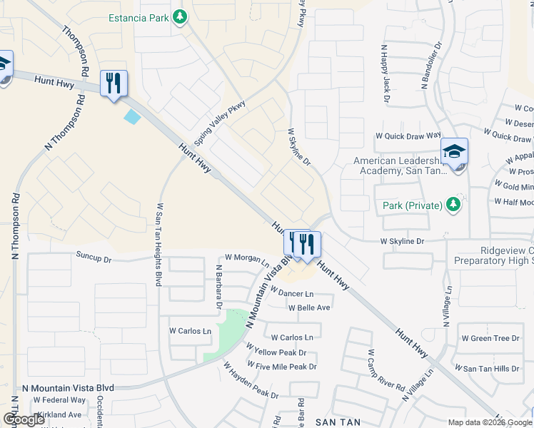 map of restaurants, bars, coffee shops, grocery stores, and more near 5390 West Hunt Highway in Queen Creek