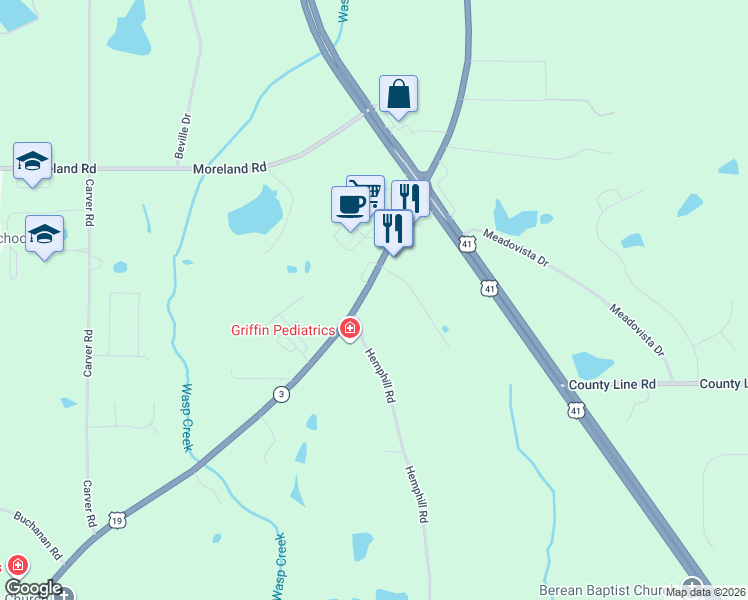 map of restaurants, bars, coffee shops, grocery stores, and more near 1800 Zebulon Road in Griffin