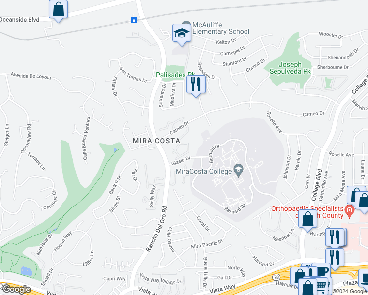 map of restaurants, bars, coffee shops, grocery stores, and more near 3575 Cameo Drive in Oceanside