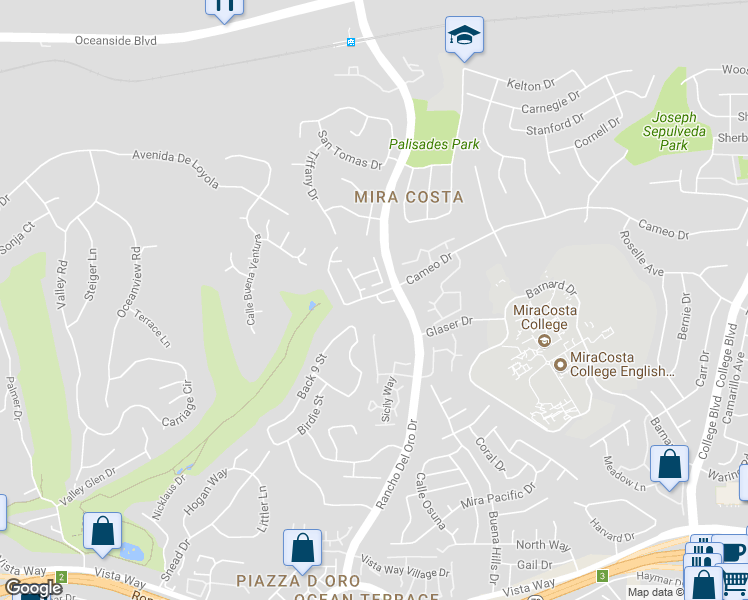 map of restaurants, bars, coffee shops, grocery stores, and more near 3003 Andorra Way in Oceanside