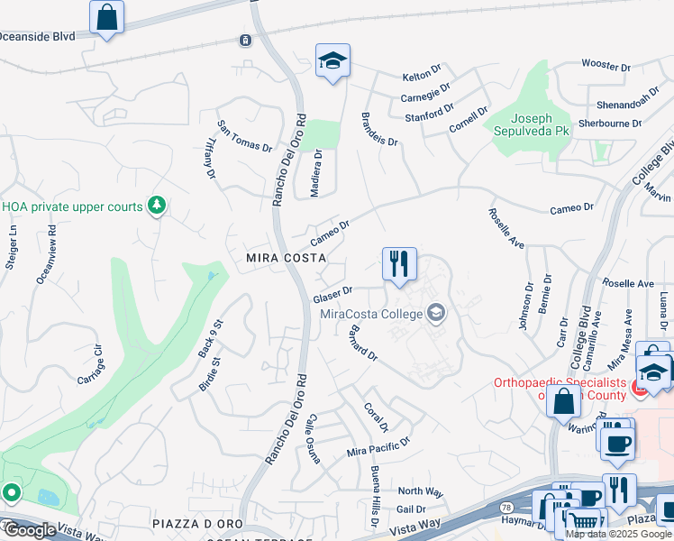 map of restaurants, bars, coffee shops, grocery stores, and more near 3547 Cameo Drive in Oceanside