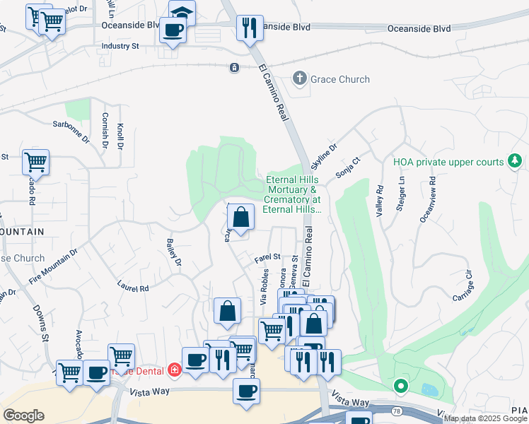 map of restaurants, bars, coffee shops, grocery stores, and more near 2929 Fire Mountain Drive in Oceanside