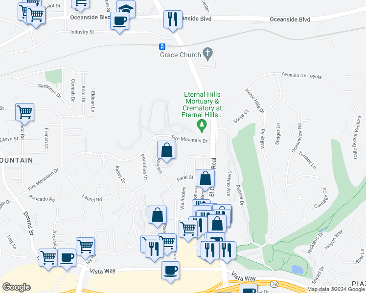 map of restaurants, bars, coffee shops, grocery stores, and more near 2929 Fire Mountain Drive in Oceanside