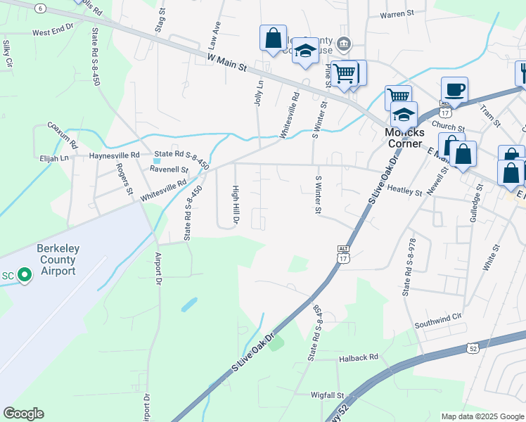 map of restaurants, bars, coffee shops, grocery stores, and more near 27 Debbie Lane in Moncks Corner