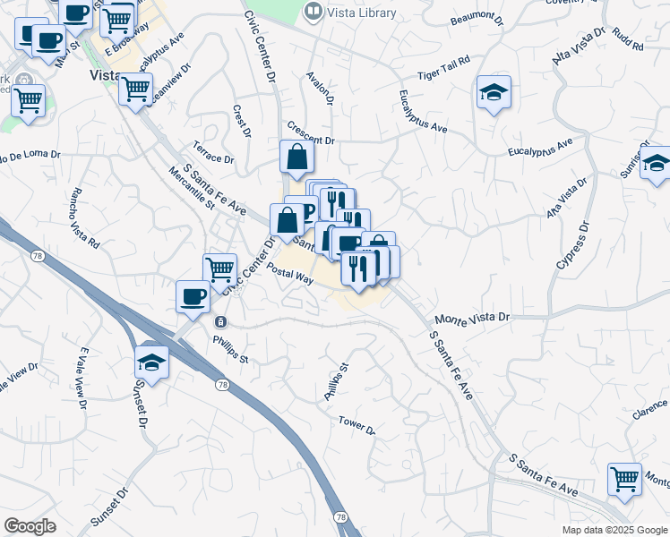 map of restaurants, bars, coffee shops, grocery stores, and more near 993 South Santa Fe Avenue in Vista