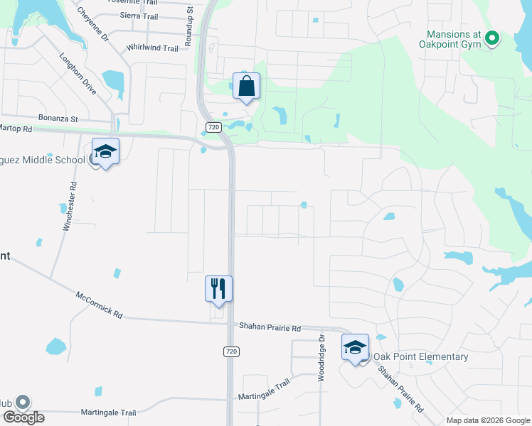 map of restaurants, bars, coffee shops, grocery stores, and more near 3297 Farm to Market Road 720 in Oak Point