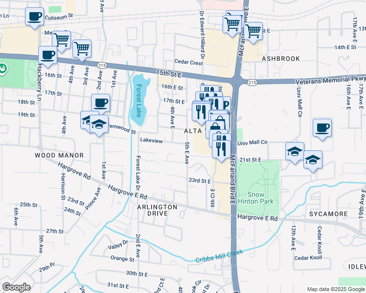 map of restaurants, bars, coffee shops, grocery stores, and more near 421 20th Street East in Tuscaloosa
