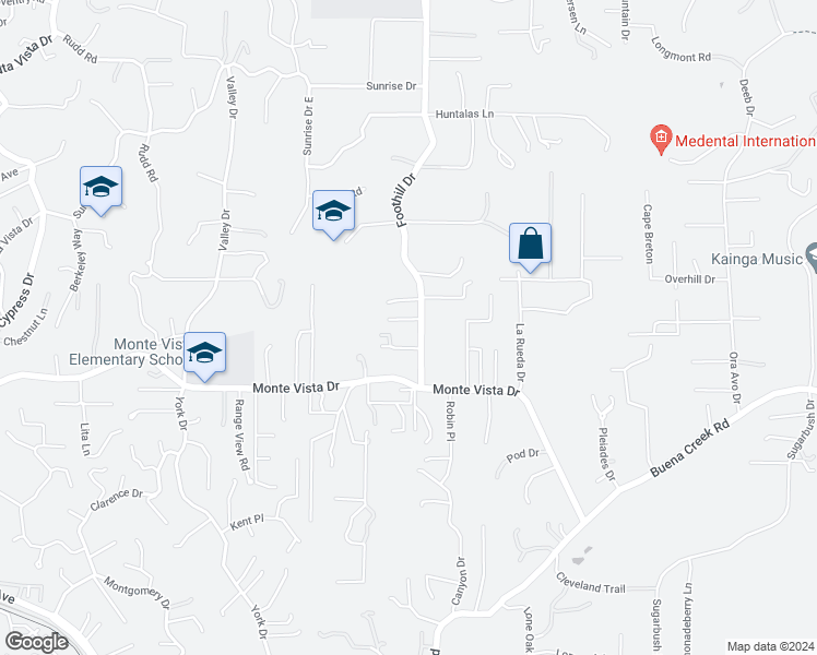 map of restaurants, bars, coffee shops, grocery stores, and more near 2828 Foothill Drive in Vista