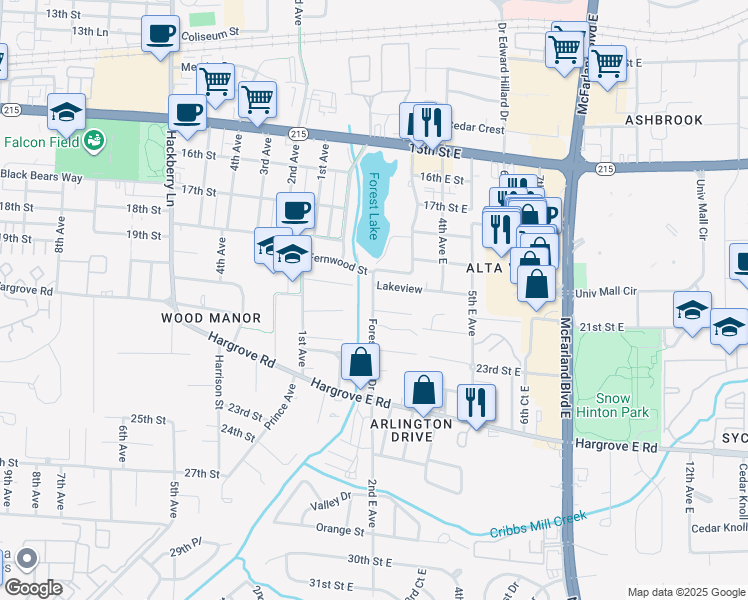 map of restaurants, bars, coffee shops, grocery stores, and more near 1 Forest Lake Drive in Tuscaloosa
