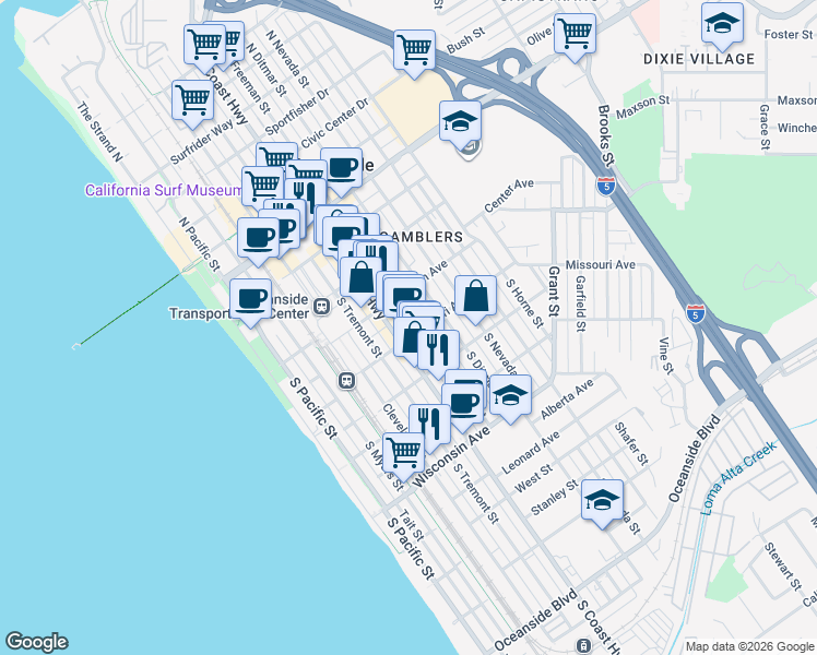map of restaurants, bars, coffee shops, grocery stores, and more near 327 South Freeman Street in Oceanside