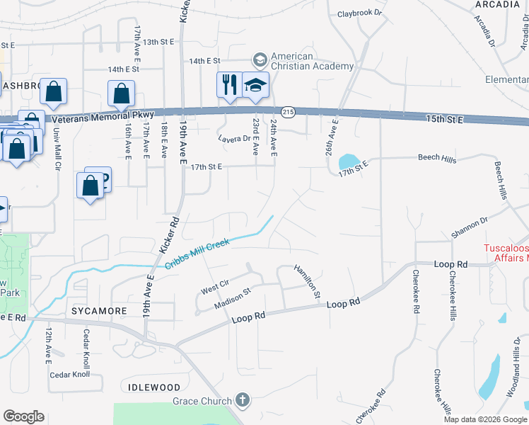 map of restaurants, bars, coffee shops, grocery stores, and more near 1940 25th Way E in Tuscaloosa