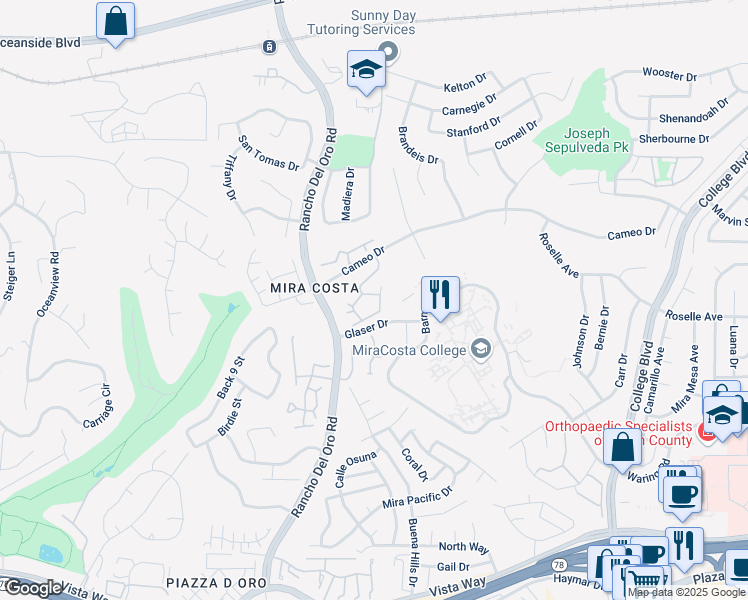 map of restaurants, bars, coffee shops, grocery stores, and more near 3575 Cameo Drive in Oceanside