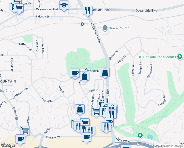 map of restaurants, bars, coffee shops, grocery stores, and more near 2929 Fire Mountain Drive in Oceanside