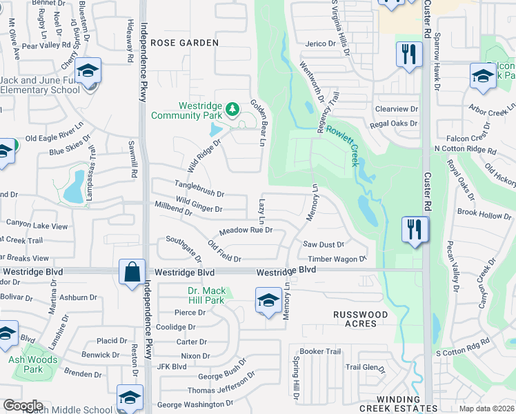 map of restaurants, bars, coffee shops, grocery stores, and more near 1305 Rain Fern Drive in McKinney