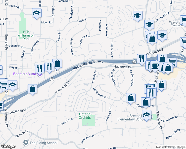 map of restaurants, bars, coffee shops, grocery stores, and more near 315 Pomelo Drive in Vista