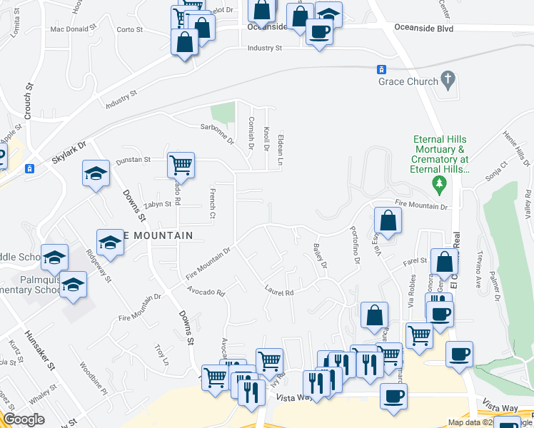 map of restaurants, bars, coffee shops, grocery stores, and more near 2494 Birchwood Way in Oceanside