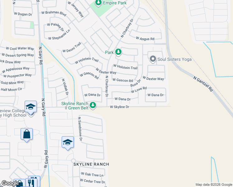 map of restaurants, bars, coffee shops, grocery stores, and more near 500 West Dana Drive in Queen Creek