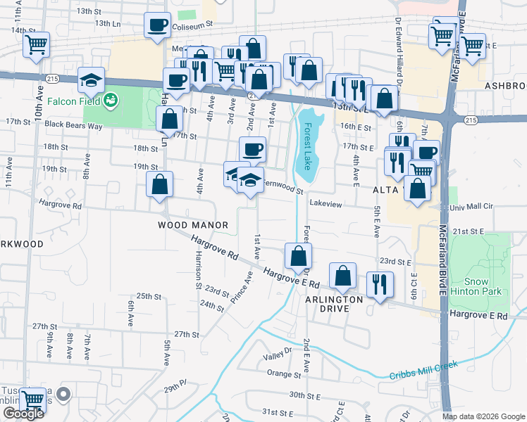 map of restaurants, bars, coffee shops, grocery stores, and more near 2025 1st Avenue in Tuscaloosa