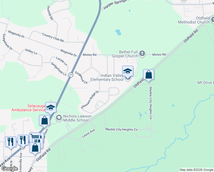map of restaurants, bars, coffee shops, grocery stores, and more near 1851 Pleasant Ridge Drive in Sylacauga