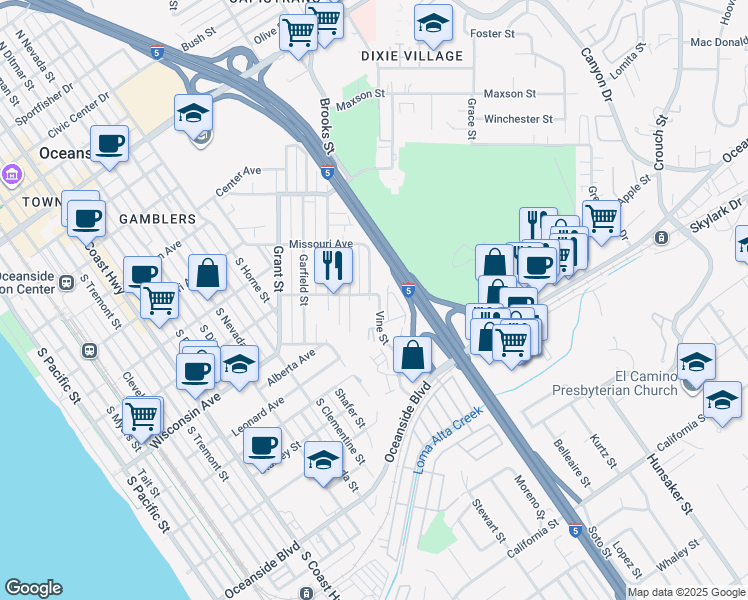 map of restaurants, bars, coffee shops, grocery stores, and more near 1635 East Minnesota Avenue in Oceanside