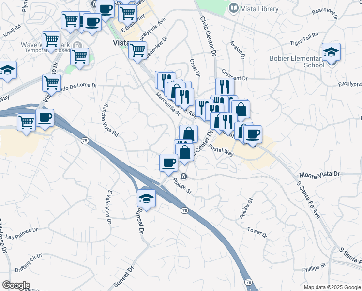 map of restaurants, bars, coffee shops, grocery stores, and more near 191 Pala Vista Drive in Vista