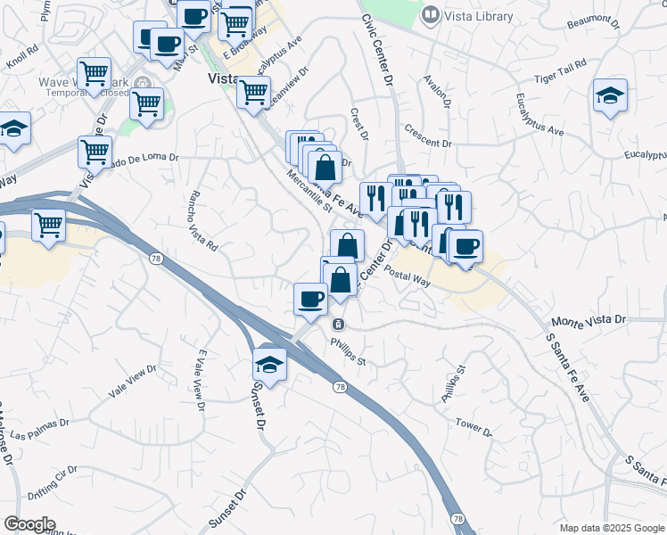 map of restaurants, bars, coffee shops, grocery stores, and more near 191 Pala Vista Drive in Vista